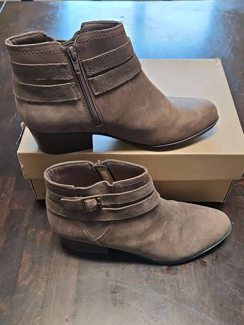 Clarks Taupe Suede & Leather Ankle Booties with Side Zip
